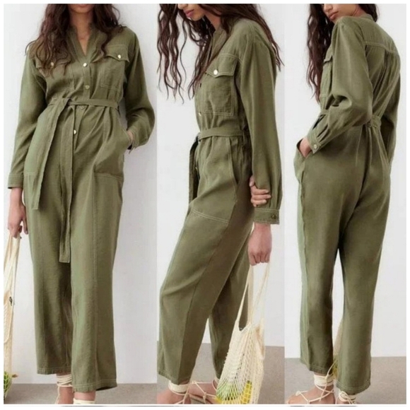 Zara Pants - {XS} NWT (NO BELT) Zara Olive Green Modal Long Sleeve Constrat Stitch Jumpsuit